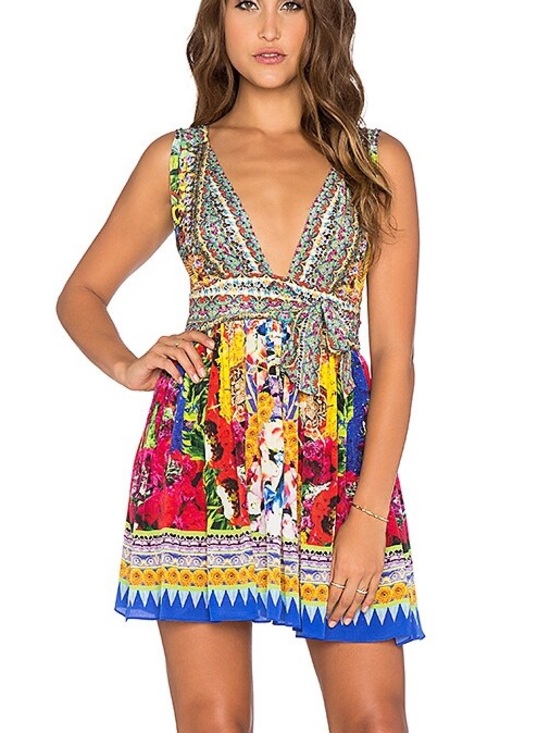 Camilla Dresses & Skirts - Camilla Multicolor Floral V-Neck Mini Dress with Blue Trim